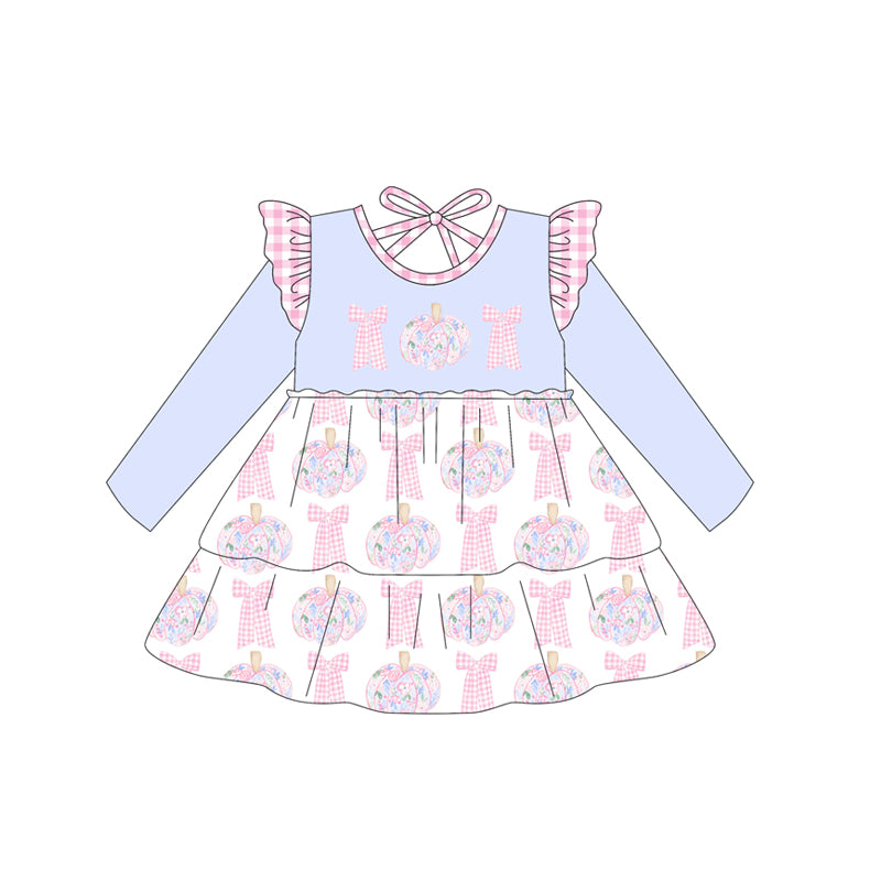(Pre-order)GLD1169 Flowers Pumpkin Bows Print Girls Fall Knee Length Dress