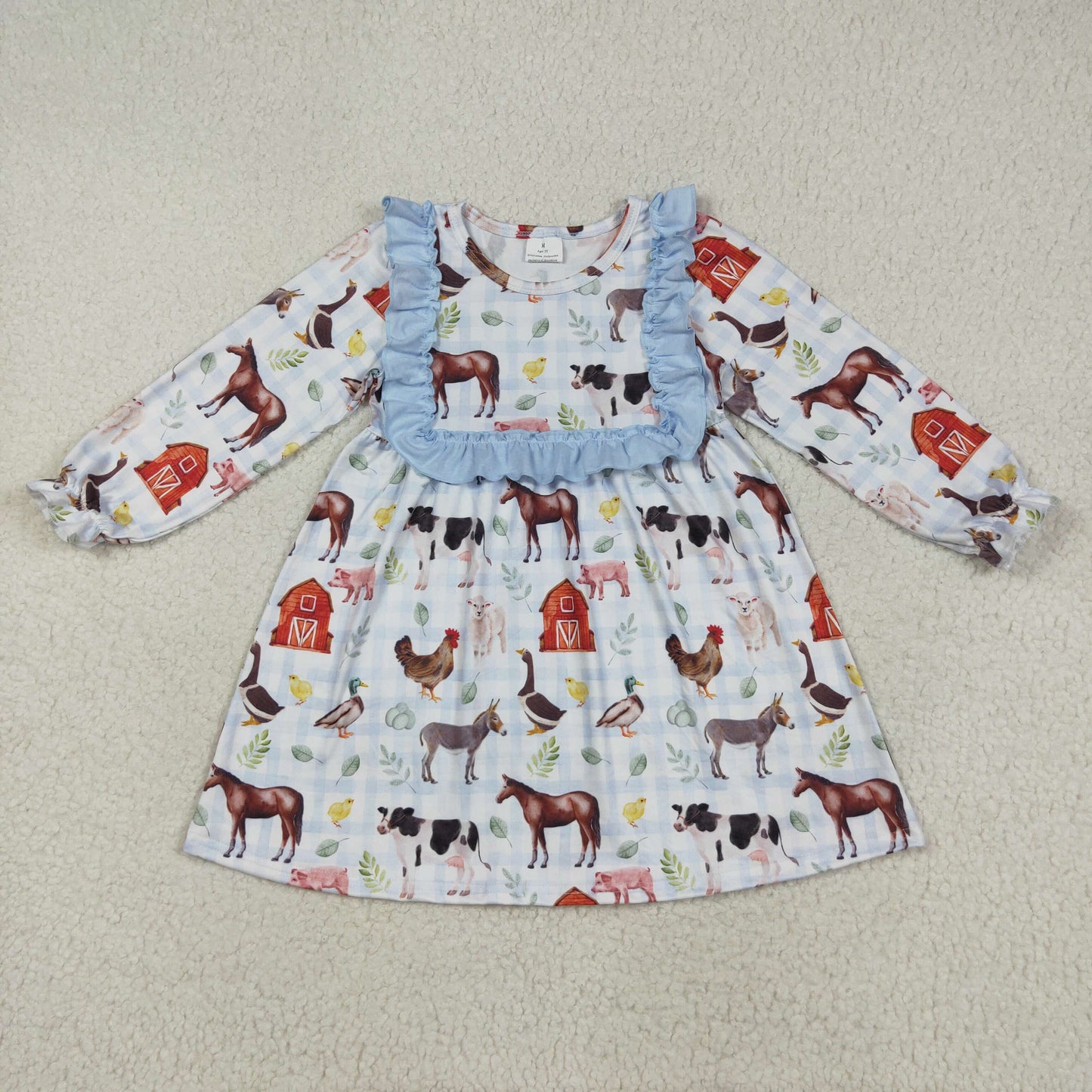 GLD1171 Farm Animals Print Girls Fall Knee Length Dress