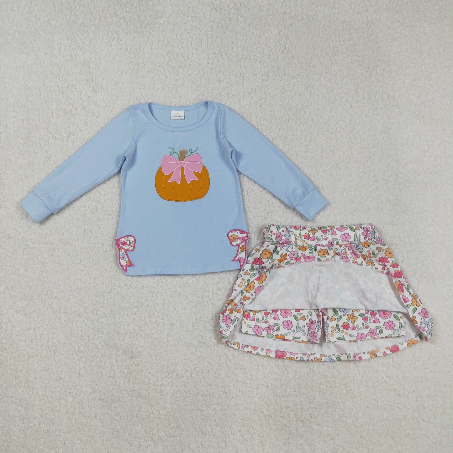 GLD1172 Pumpkin Bows Embroidery Blue Top Flowers Skirts Shorts Girls Fall Clothes Set