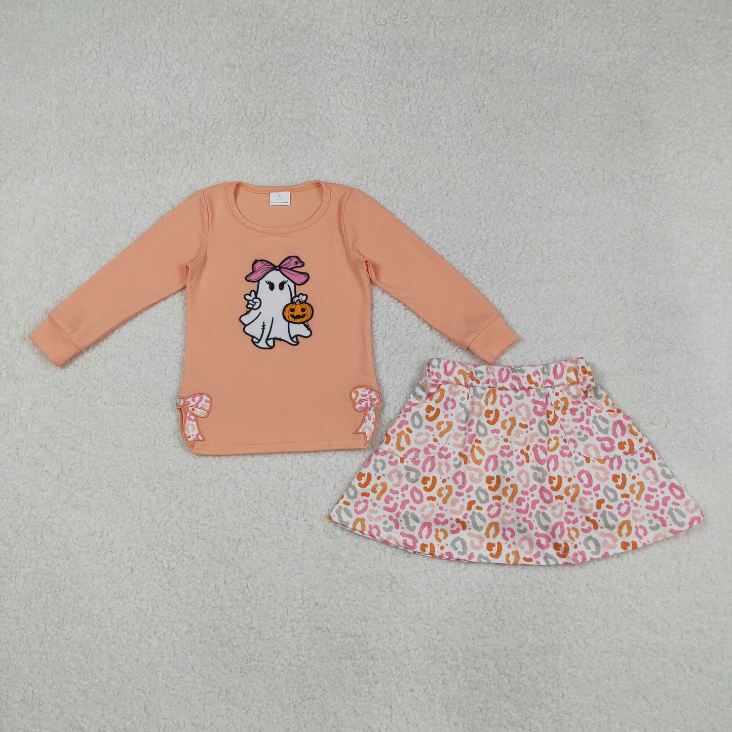 GLD1174 Spooky Pumpkin Bows Embroidery Top Leopard Skirts Shorts Girls Halloween Clothes Set