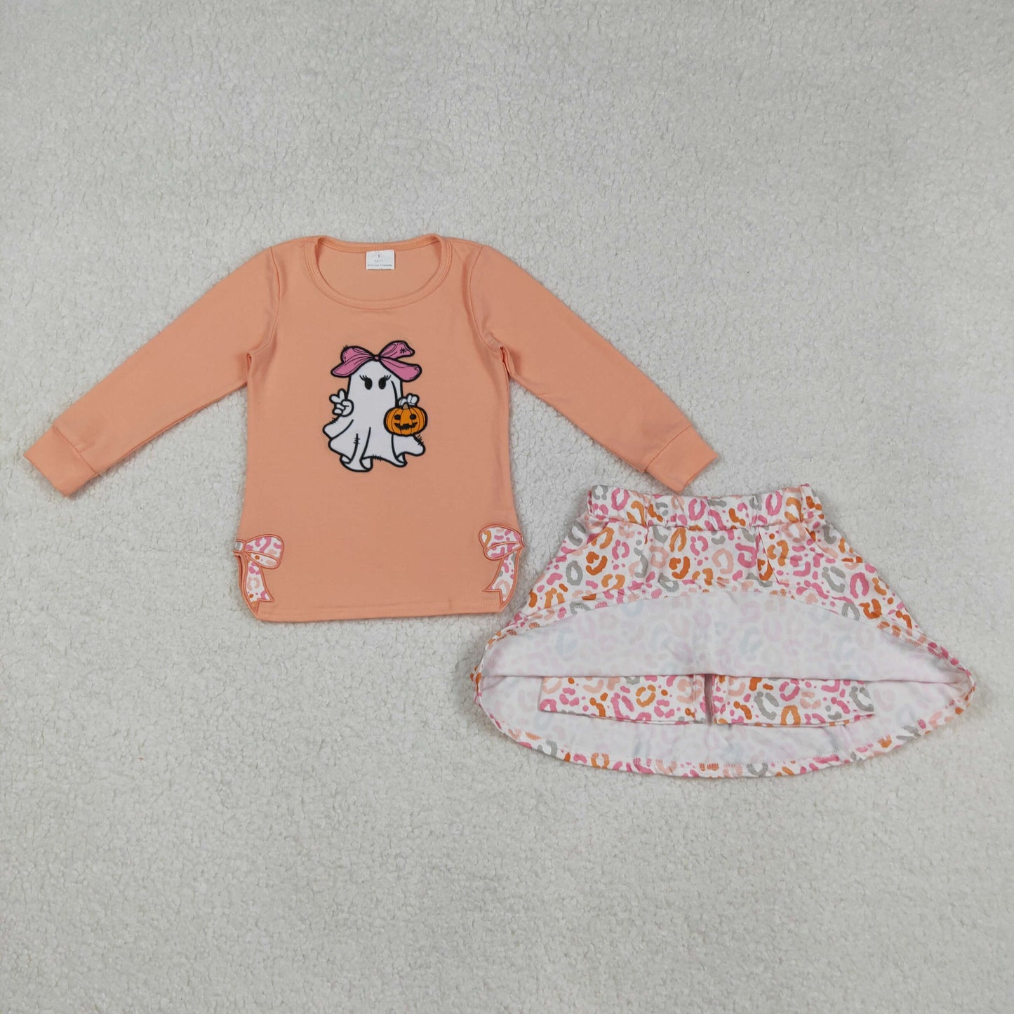GLD1174 Spooky Pumpkin Bows Embroidery Top Leopard Skirts Shorts Girls Halloween Clothes Set