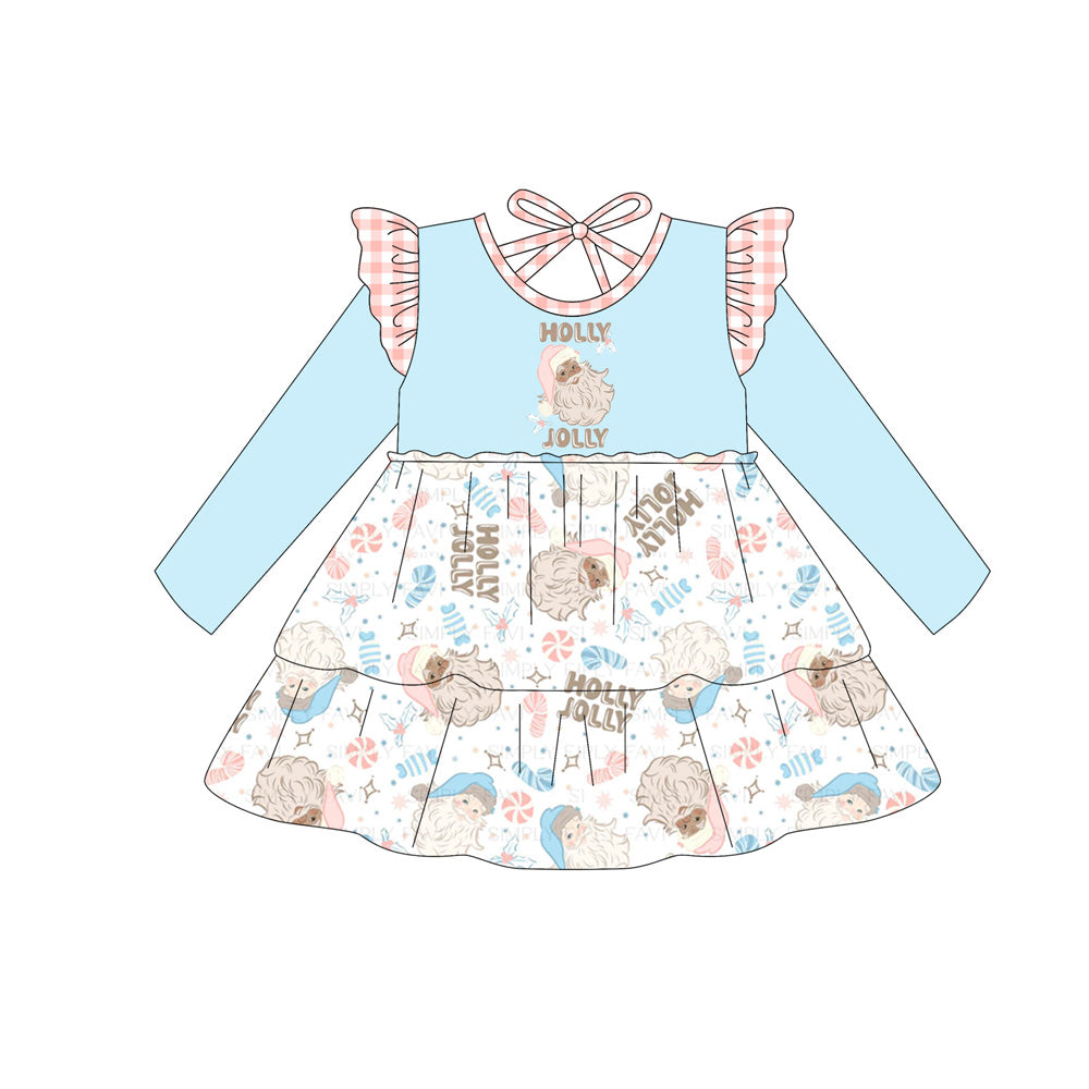 (Pre-order)GLD1177 HOLLY JOLLY Santa Print Girls Christmas Knee Length Dress