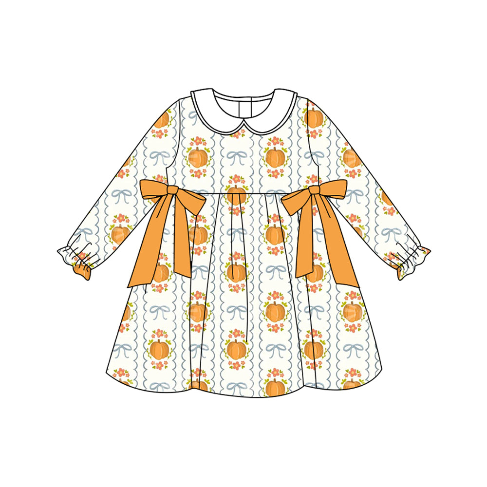 (Pre-order)GLD1180 Pumpkin Flowers Bows Print Girls Fall Knee Length Dress