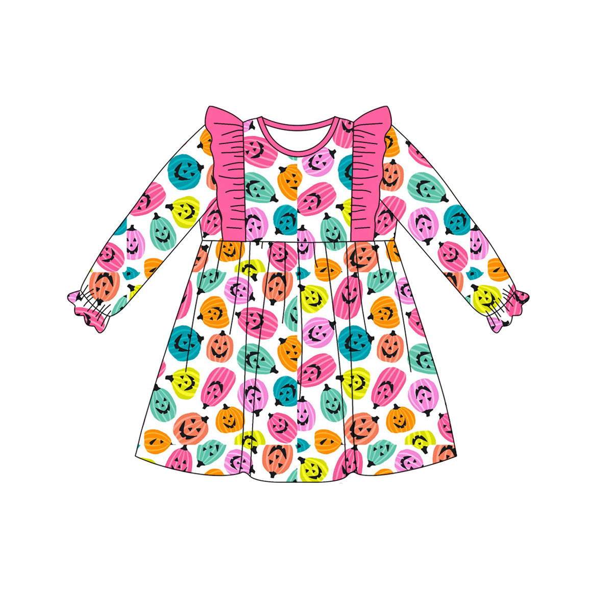 (Pre-order)GLD1187 Colorful Pumpkin Print Girls Halloween Knee Length Dress