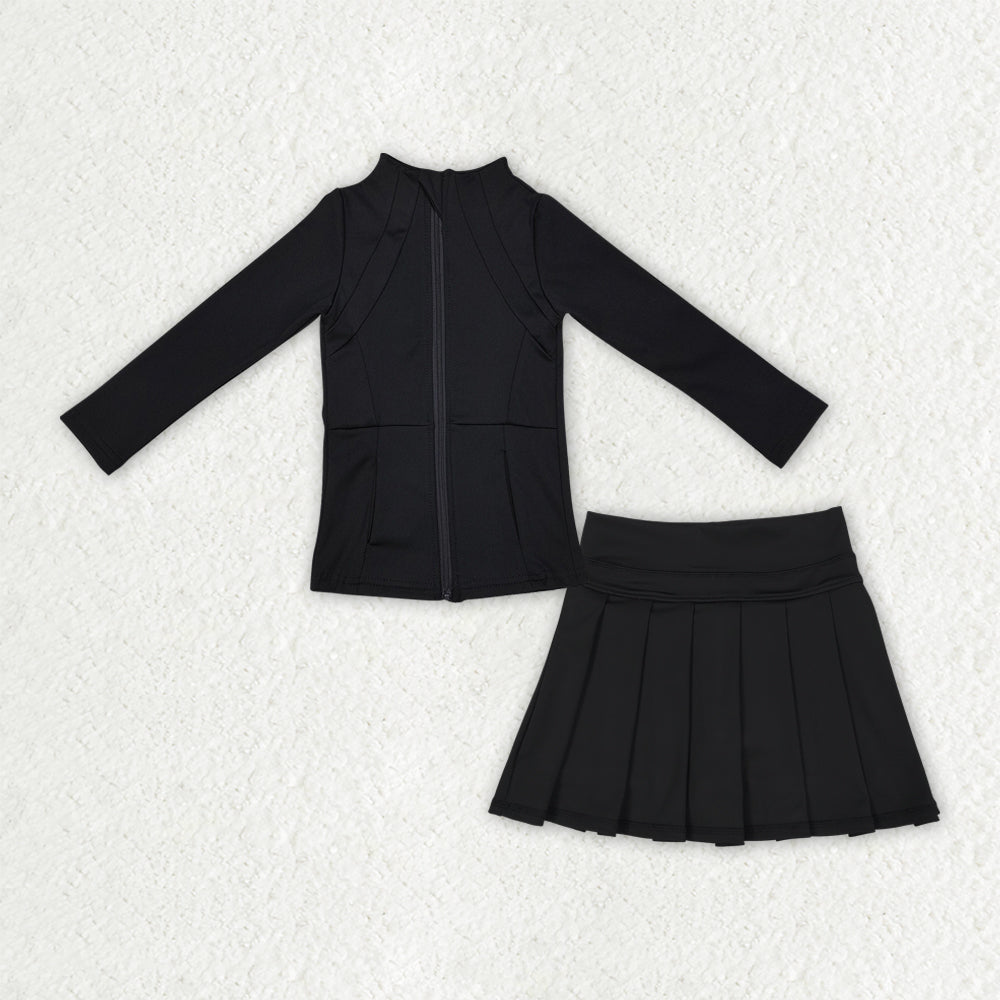 GLD1193 Black Zipper Jackets Top Ruffle Skirts Shorts Girls Yoga Clothes Set