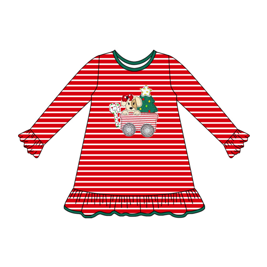 (Pre-order)GLD1194 Dog Tree Stripes Print Girls Christmas Knee Length Dress