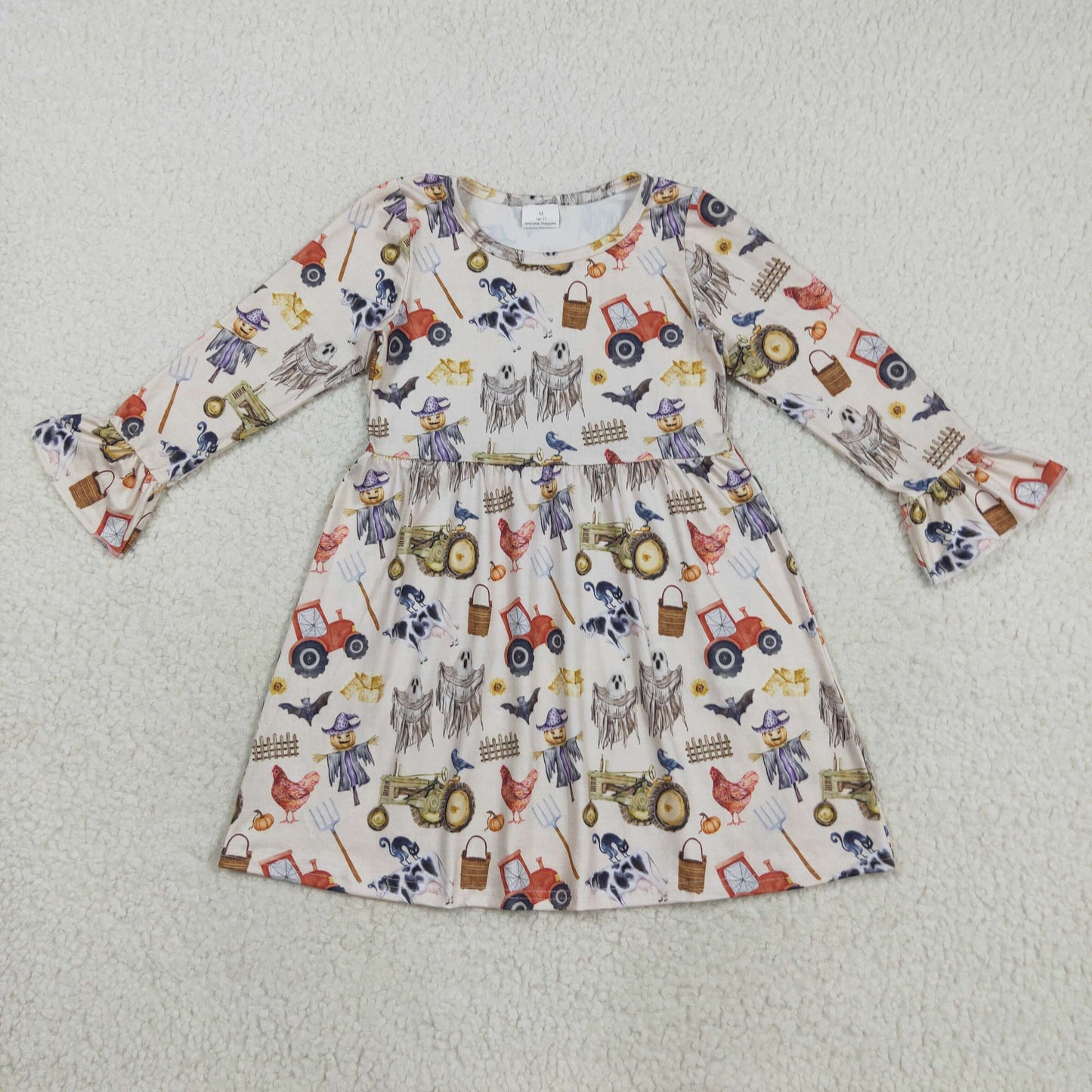 GLD1196 Farm Animals Spooky Print Girls Halloween Knee Length Dress
