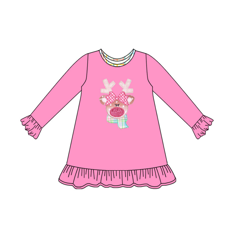 (Pre-order)GLD1199 Deer Pink Print Girls Christmas Knee Length Dress