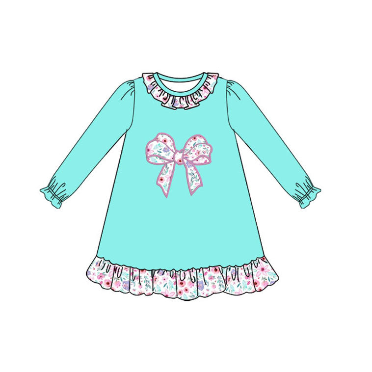 (Pre-order)GLD1204 Bows Flowers Print Girls Knee Length Dress