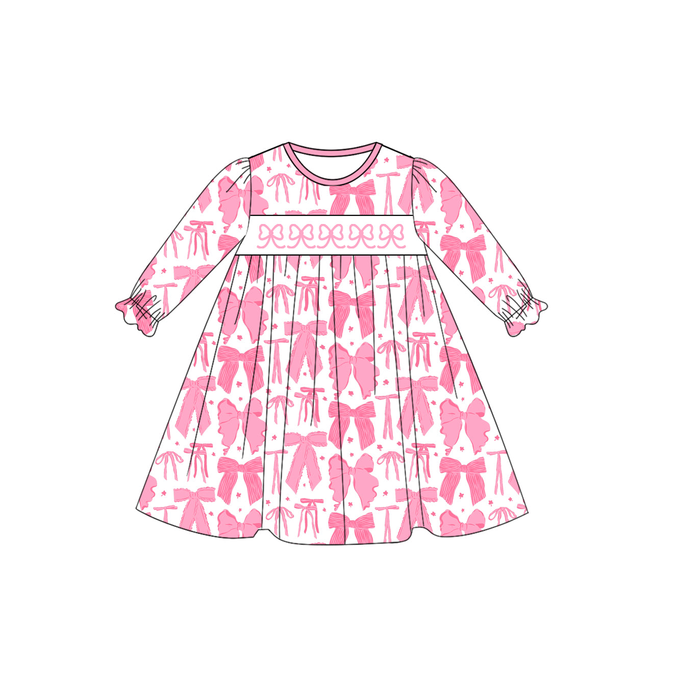 (Pre-order)GLD1205 Pink Bows Print Girls Long Sleeve Knee Length Dress