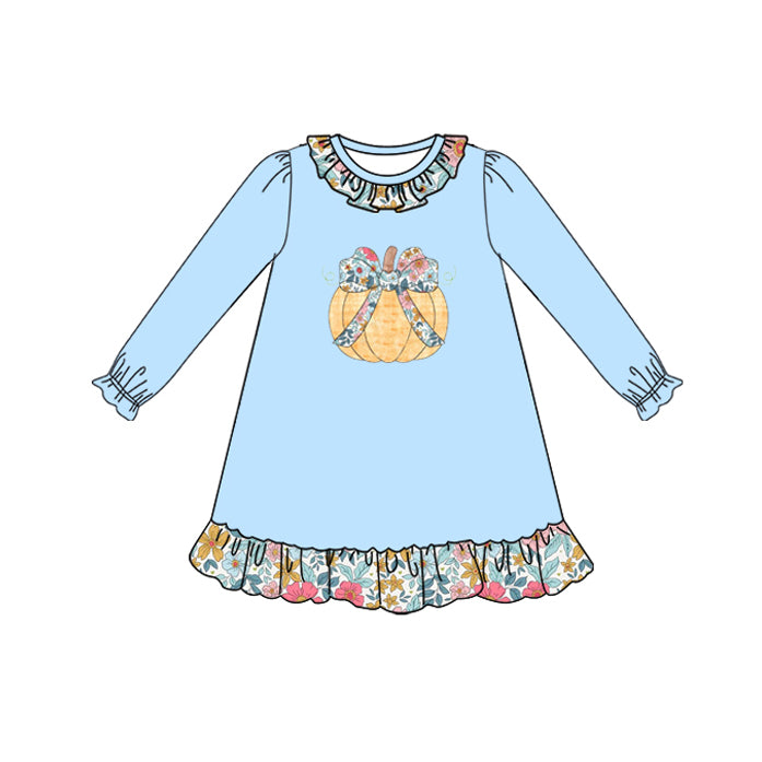 (Pre-order)GLD1206 Pumpkin Flowers Print Girls Fall Knee Length Dress