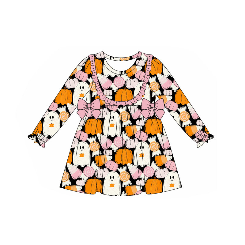 (Pre-order)GLD1209 Spooky Pumpkin Candy Print Girls Halloween Knee Length Dress