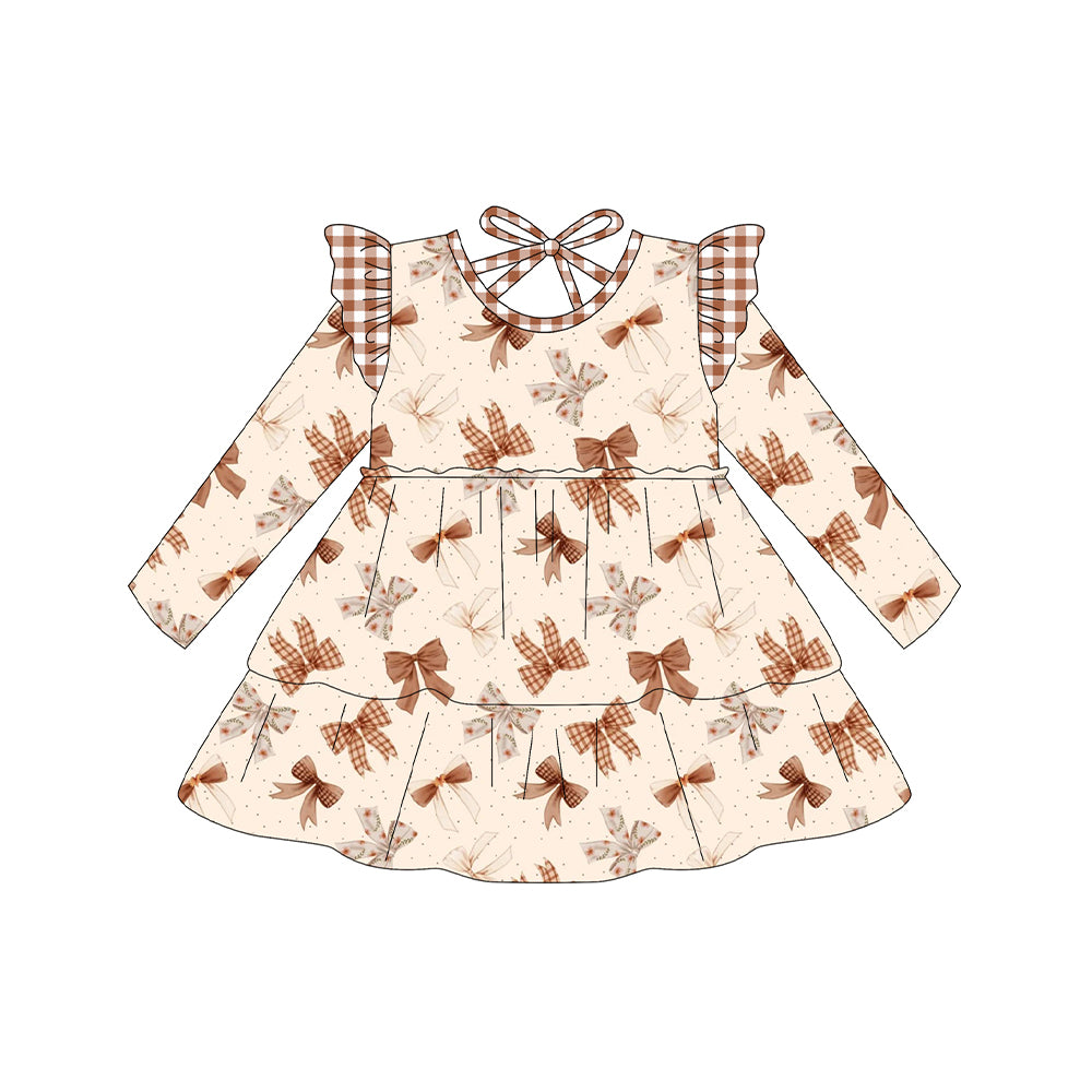 (Pre-order)GLD1210 Brown Bows Print Girls Fall Knee Length Dress