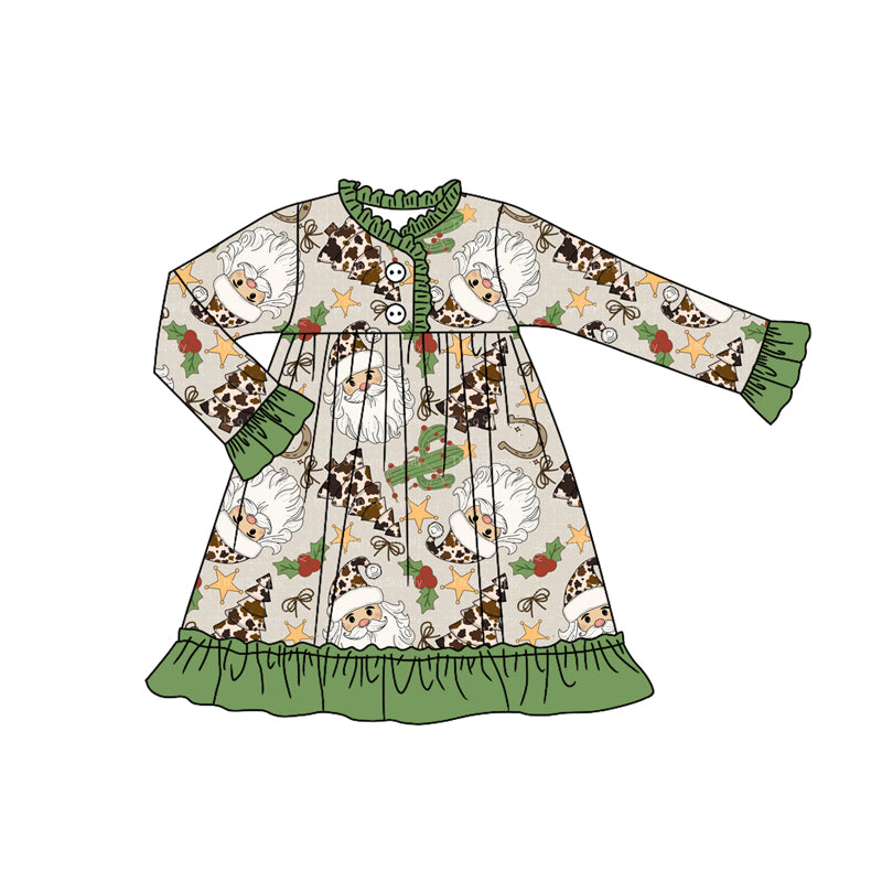 (Pre-order)GLD1214 Santa Cactus Print Girls Christmas Knee Length Gown Dress