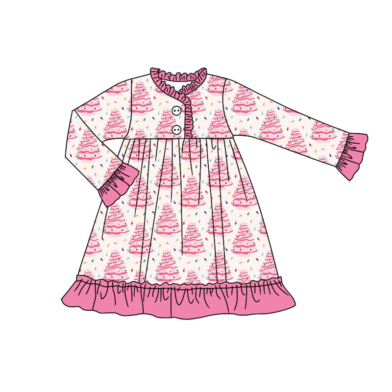 (Pre-order)GLD1225 Pink Tree Print Girls Christmas Knee Length Pajamas Gown Dress
