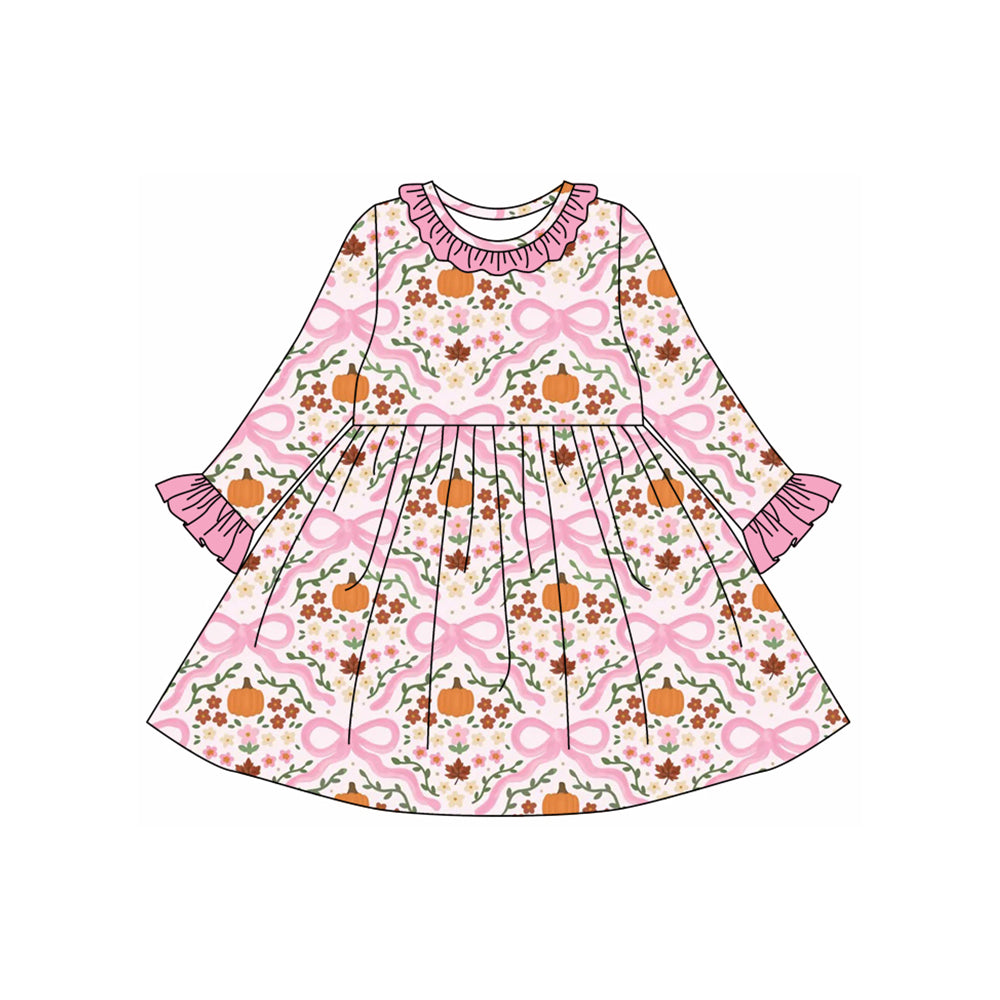 (Pre-order)GLD1226 Pumpkin Flowers Bows Print Girls Fall Knee Length Dress