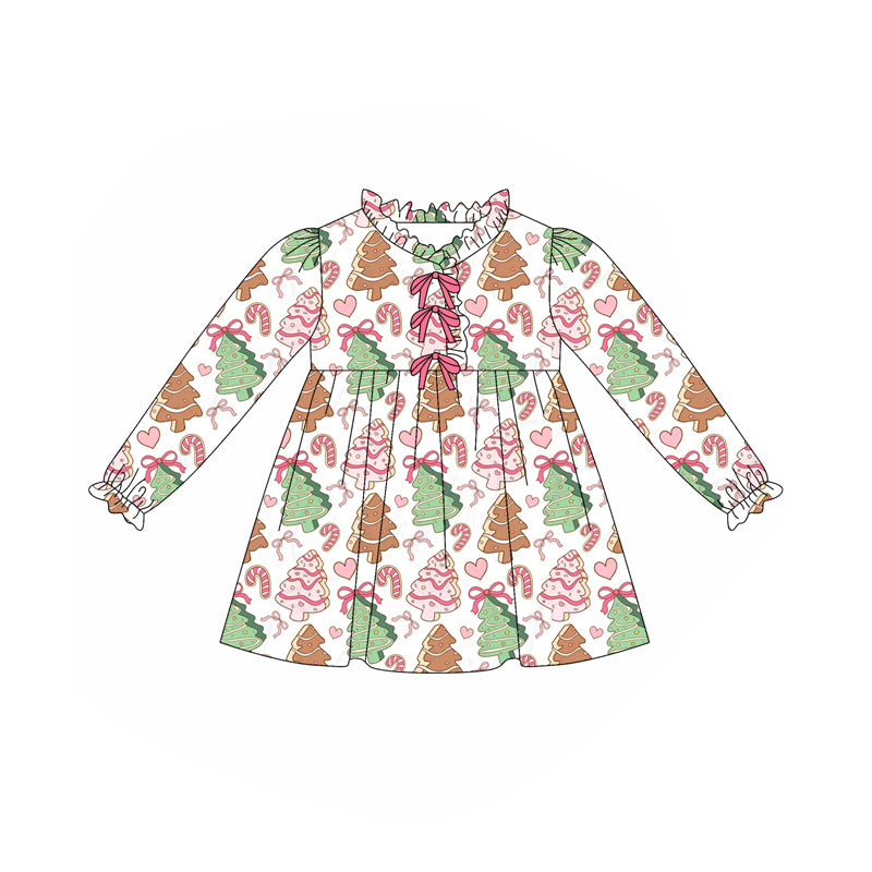 (Pre-order)GLD1227 Debbie Cake Bows Print Girls Christmas Knee Length Dress