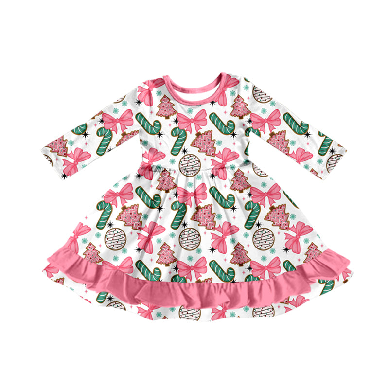 (Pre-order)GLD1228 Candy Cake Bows Print Girls Christmas Ruffle Knee Length Dress