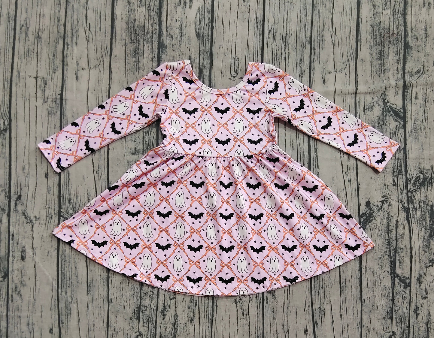 (Pre-order)GLD1232 Spooky Bat Bows Print Girls Halloween Knee Length Dress