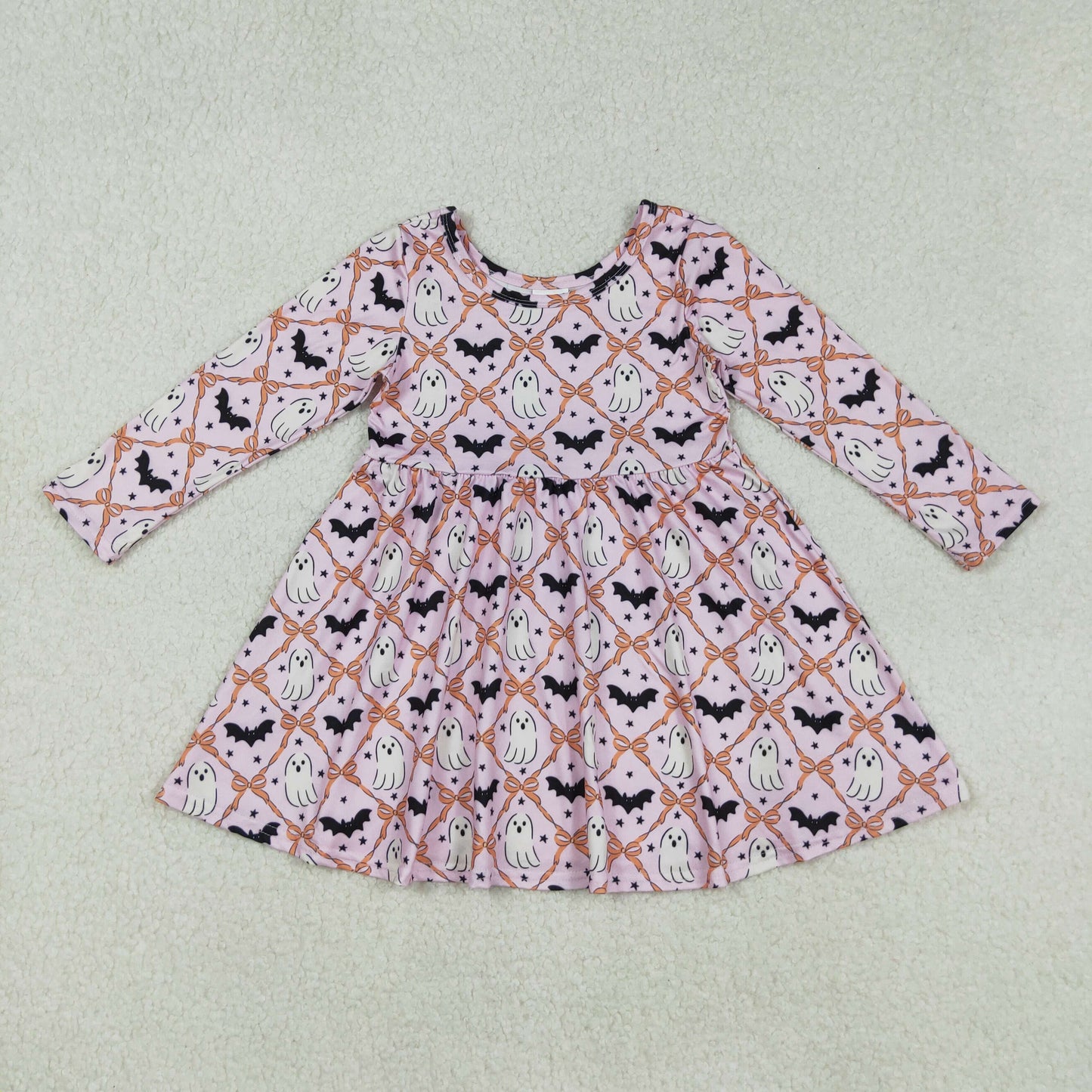 GLD1232 Spooky Bat Bows Print Girls Halloween Knee Length Dress