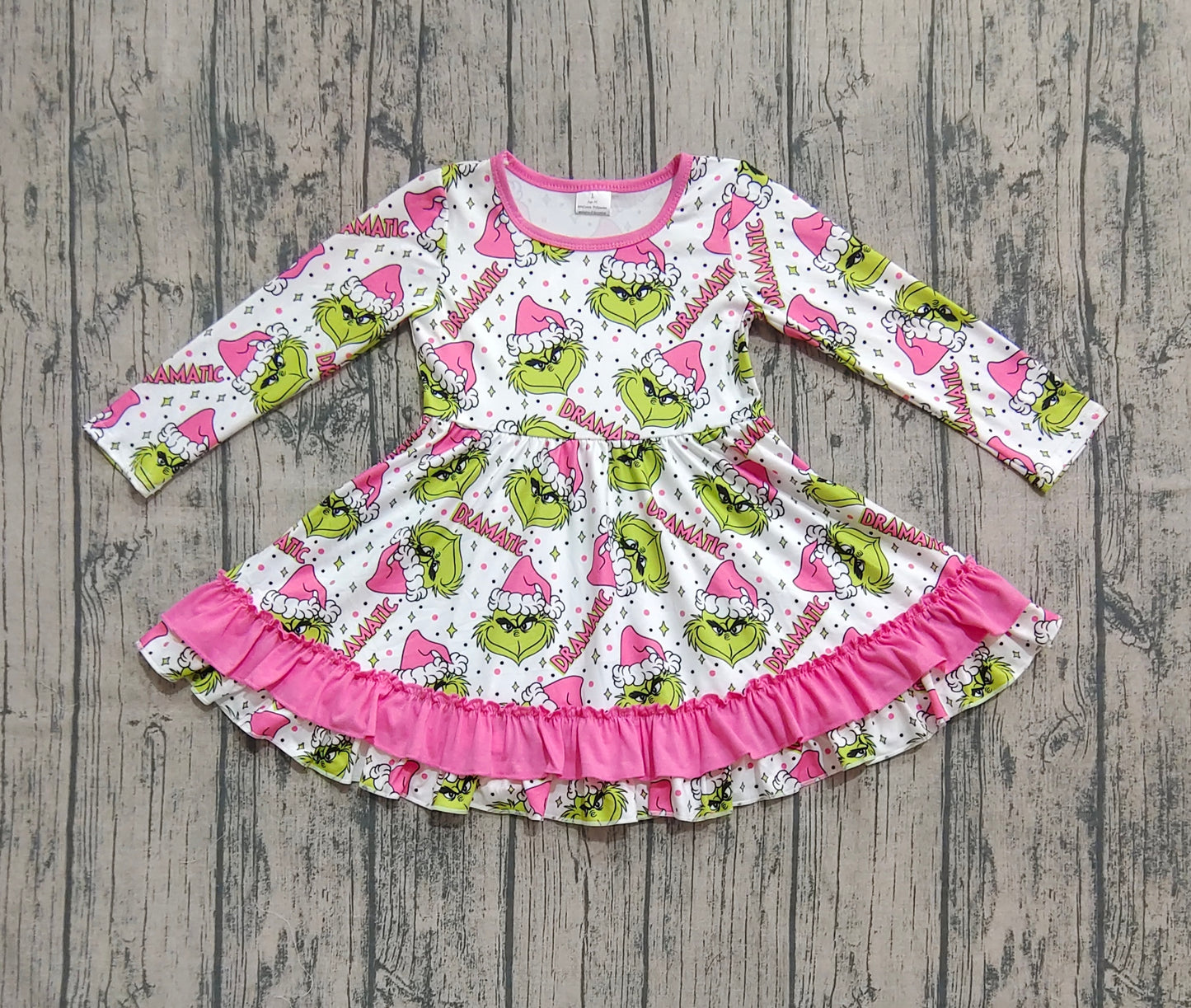 (Pre-order)GLD1234 Green Frog Pink Print Girls Christmas Ruffle Knee Length Dress