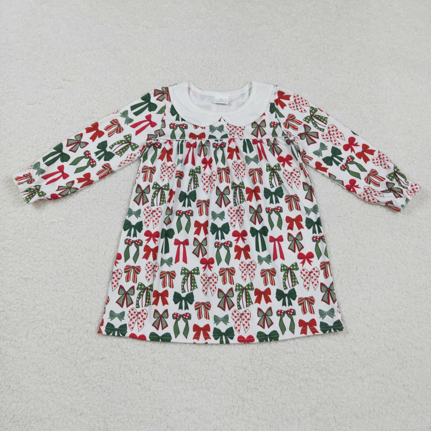 GLD1237 Red Green Bows Print Girls Christmas Knee Length Dress