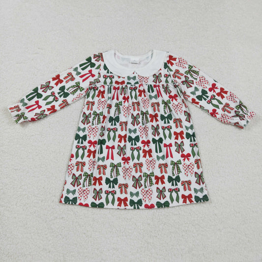 GLD1237 Red Green Bows Print Girls Christmas Knee Length Dress