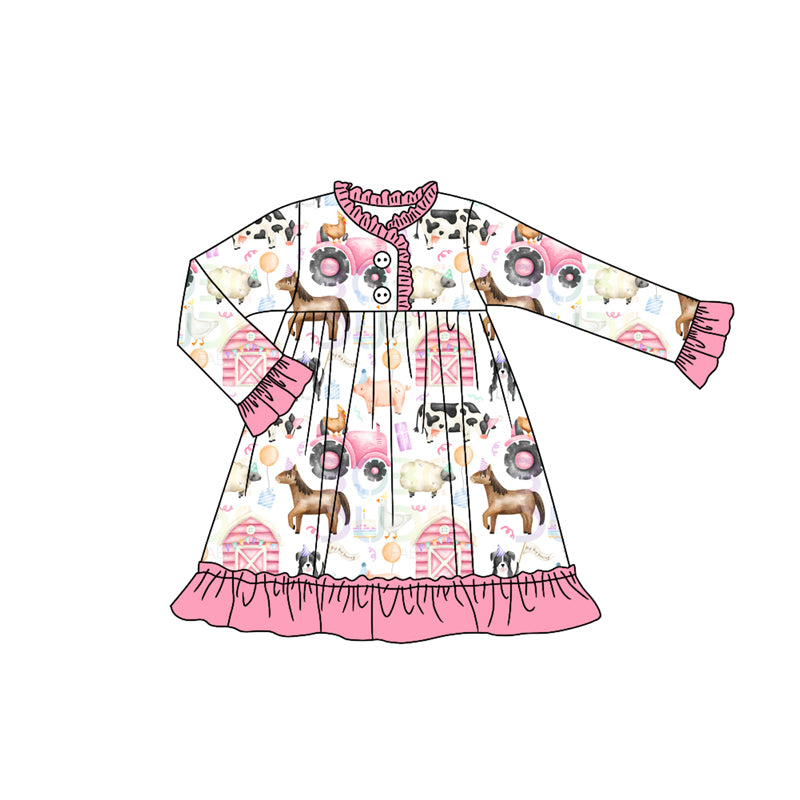 (Pre-order)GLD1244 Farm Animals Pink Print Girls Knee Length Pajamas Gown Dress