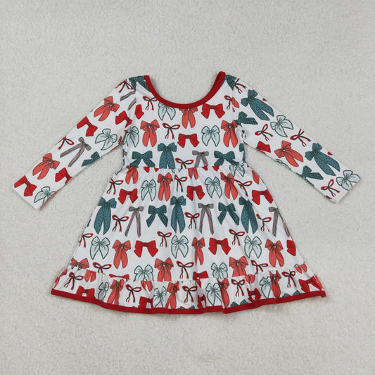 GLD1250 Red Green Bows Print Girls Christmas Knee Length Dress