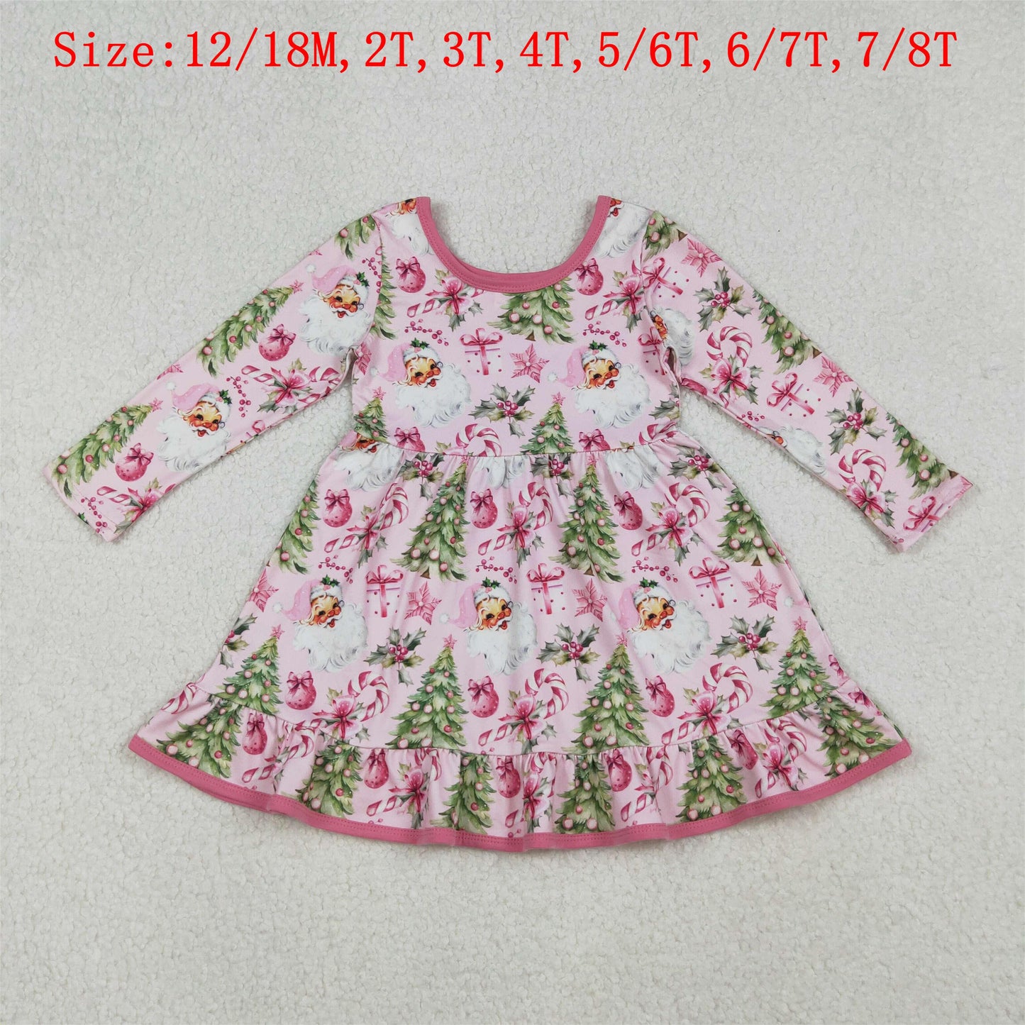 GLD1252 Santa Holly Tree Print Girls Christmas Knee Length Dress