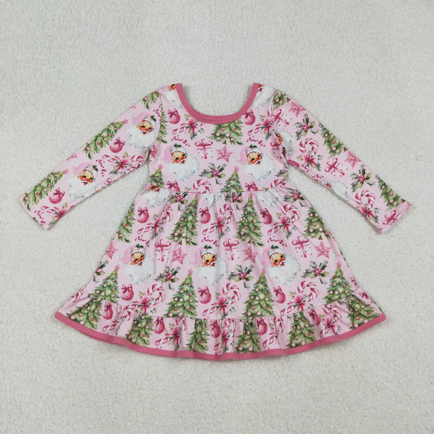 GLD1252 Santa Holly Tree Print Girls Christmas Knee Length Dress