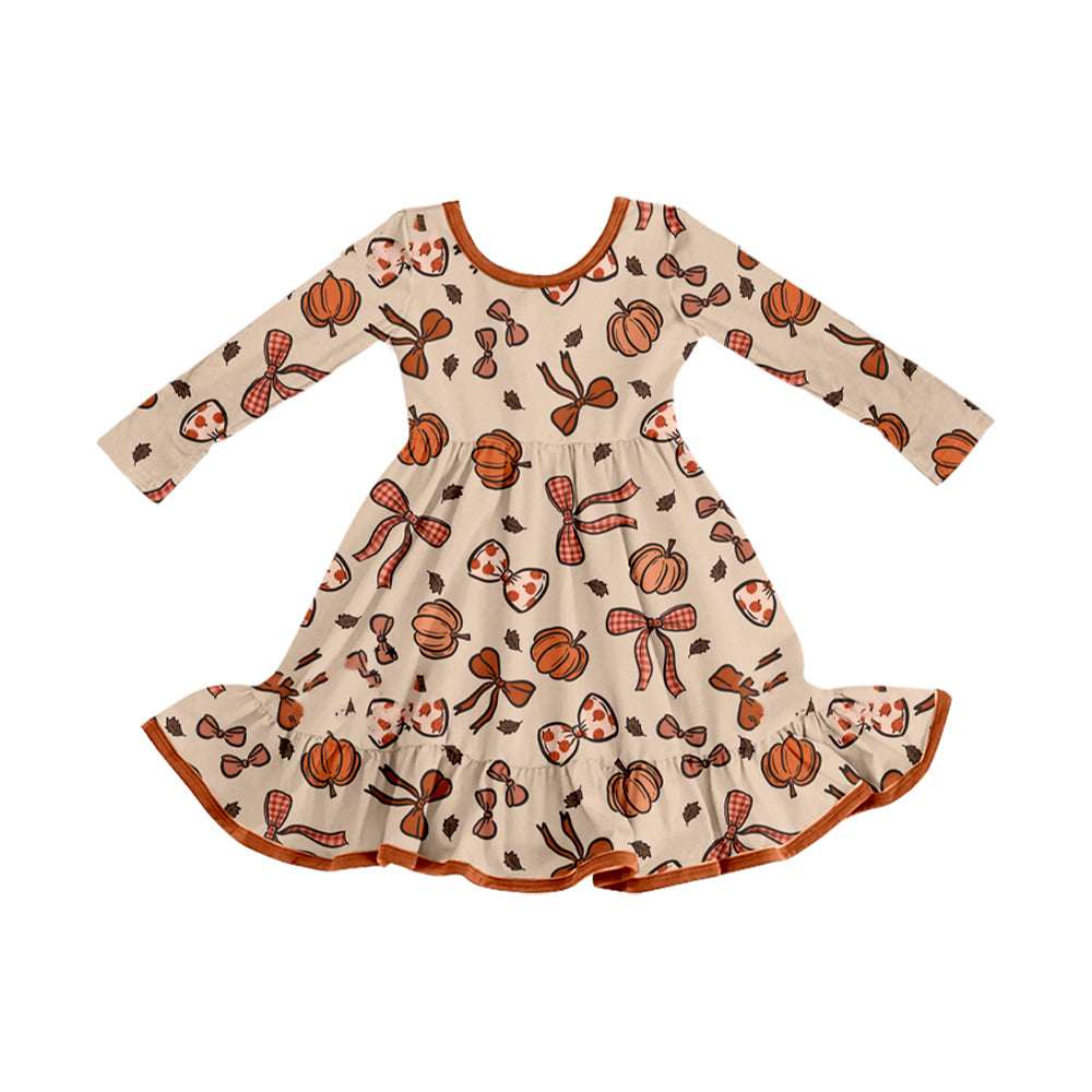 (Pre-order)GLD1255 Pumpkin Bows Print Girls Fall Knee Length Dress