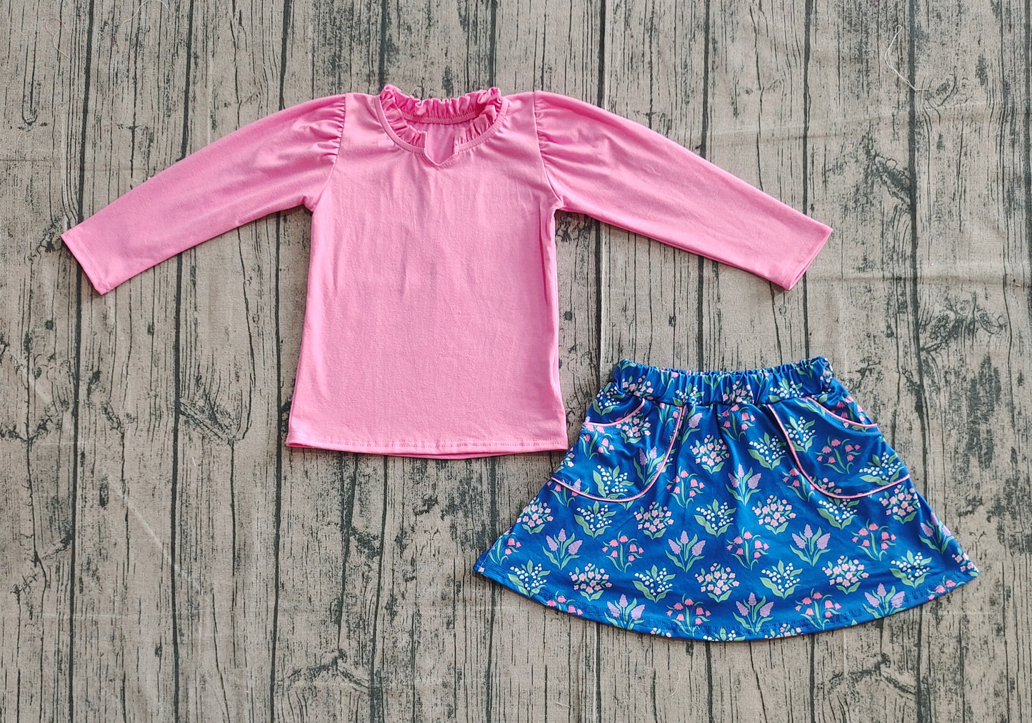 (Pre-order)GLD1256 Pink Top Flowers Pockets Skirts Girls Clothes Set