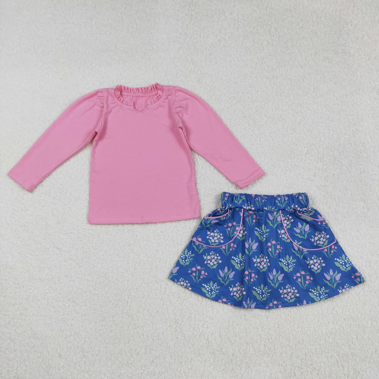 GLD1256 Pink Top Flowers Pockets Skirts Shorts Girls Clothes Set