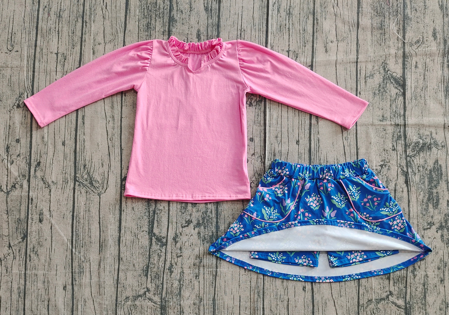 (Pre-order)GLD1256 Pink Top Flowers Pockets Skirts Girls Clothes Set