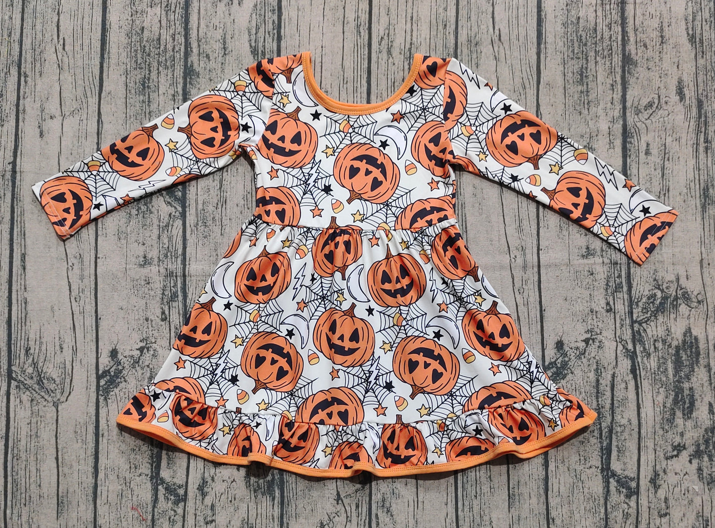 (Pre-order)GLD1258 Pumpkin Candy Web Print Girls Halloween Knee Length Dress