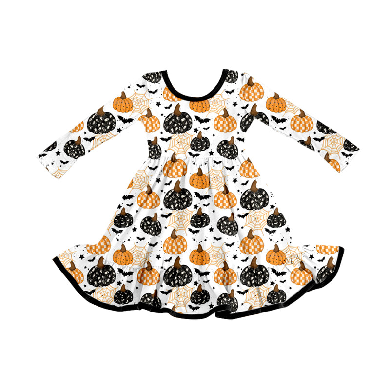 (Pre-order)GLD1261 Spooky Bat Pumpkin Print Girls Halloween Knee Length Dress