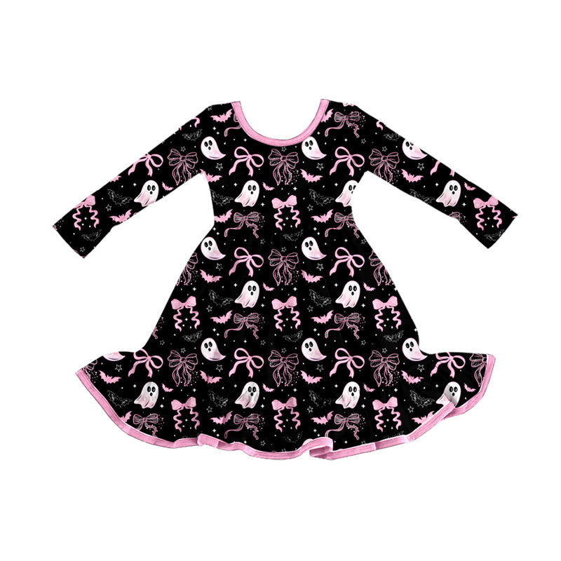 (Pre-order)GLD1262 Spooky Bows Print Girls Halloween Knee Length Dress