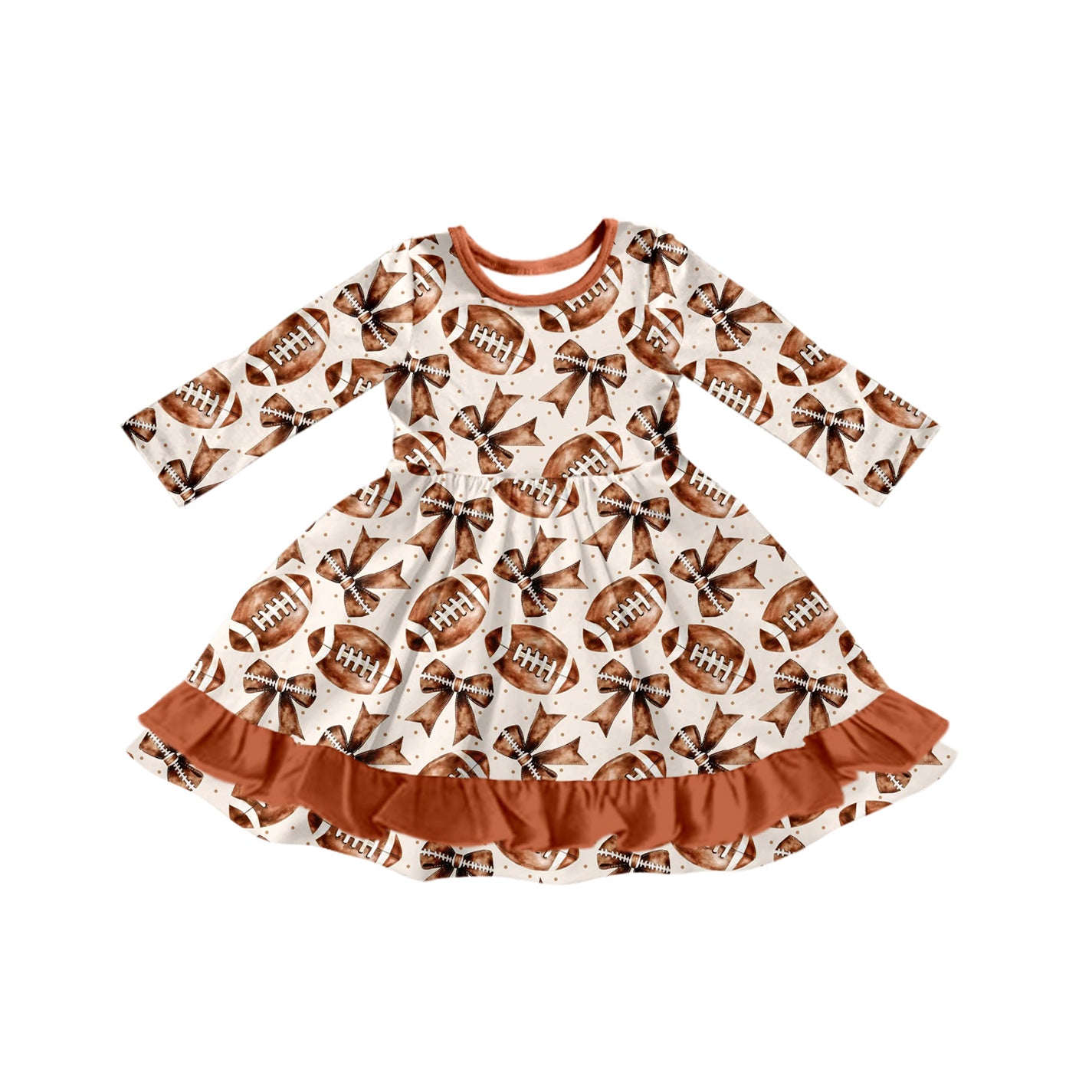 (Pre-order)GLD1268 Football Bows Brown Print Girls Fall Knee Length Dress