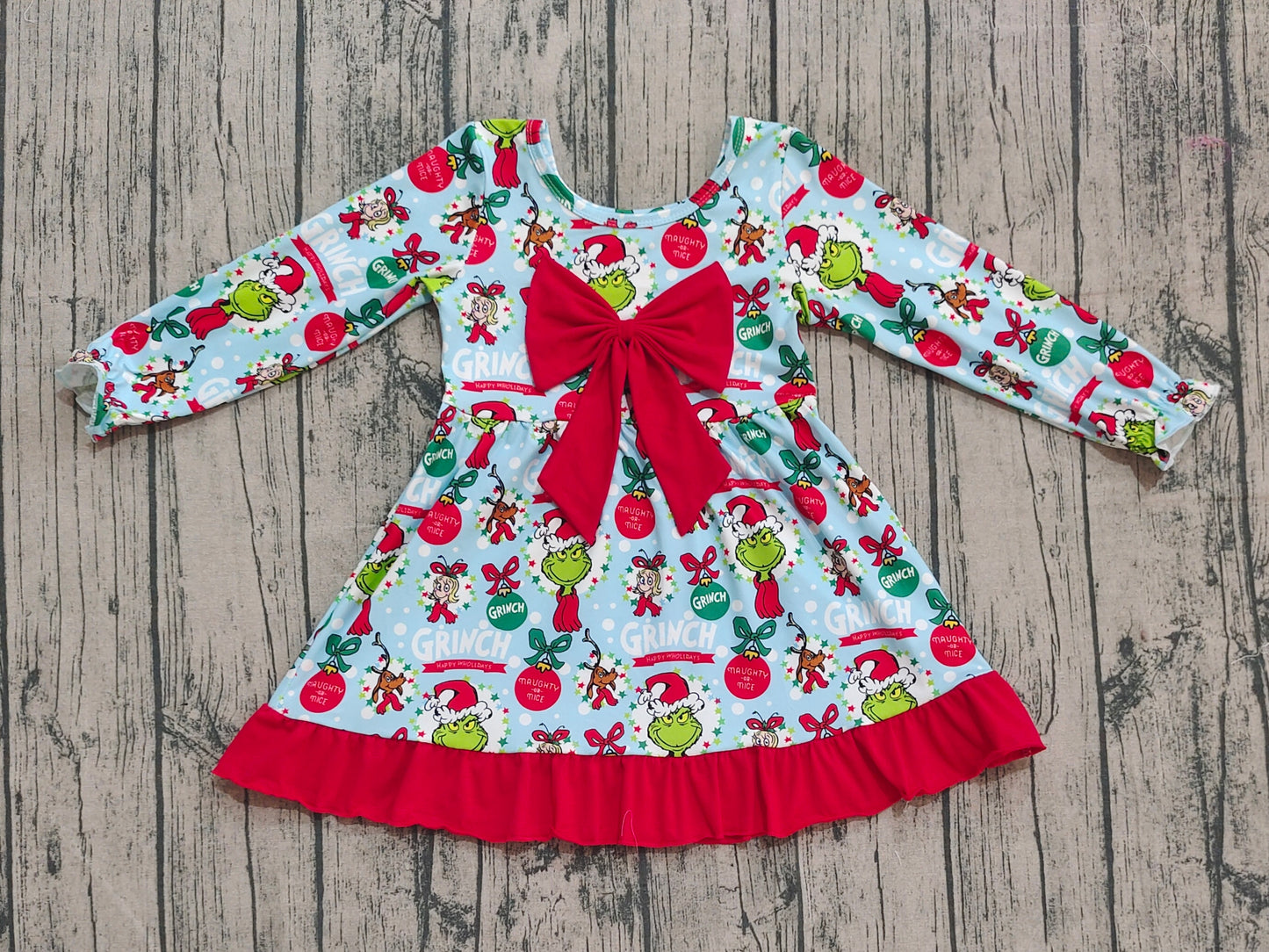 (Pre-order)GLD1269 Green Frog Blue Print Girls Christmas Knee Length Bow Dress