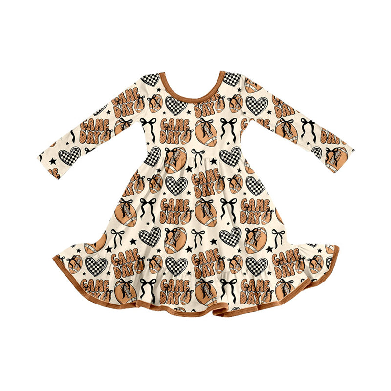 (Pre-order)GLD1270 Game Day Football Bows Brown Print Girls Fall Knee Length Dress