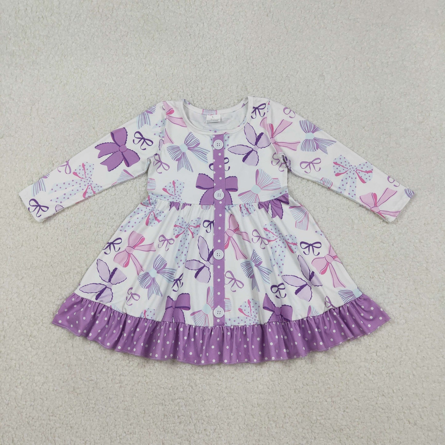 GLD1271 Purple Bows Print Girls Long Sleeve Knee Length Dress