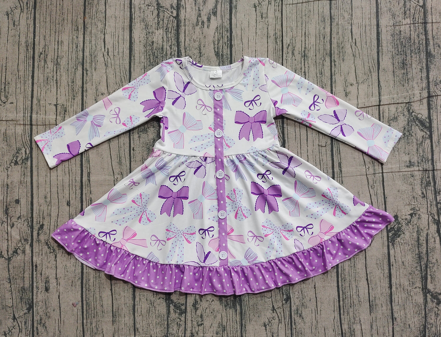 (Pre-order)GLD1271 Purple Bows Print Girls Fall Knee Length Dress