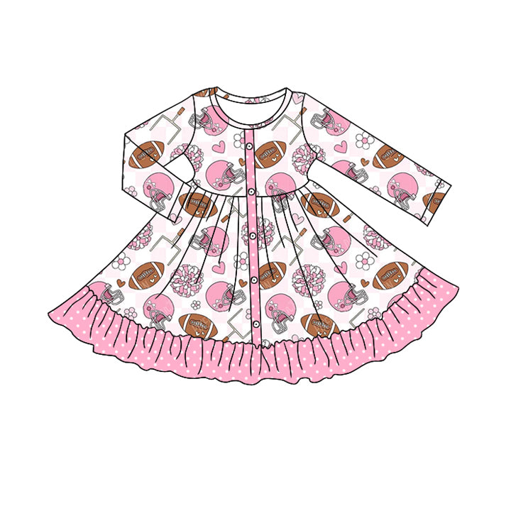 (Pre-order)GLD1272 Football Cheer Pink Print Girls Fall Knee Length Dress