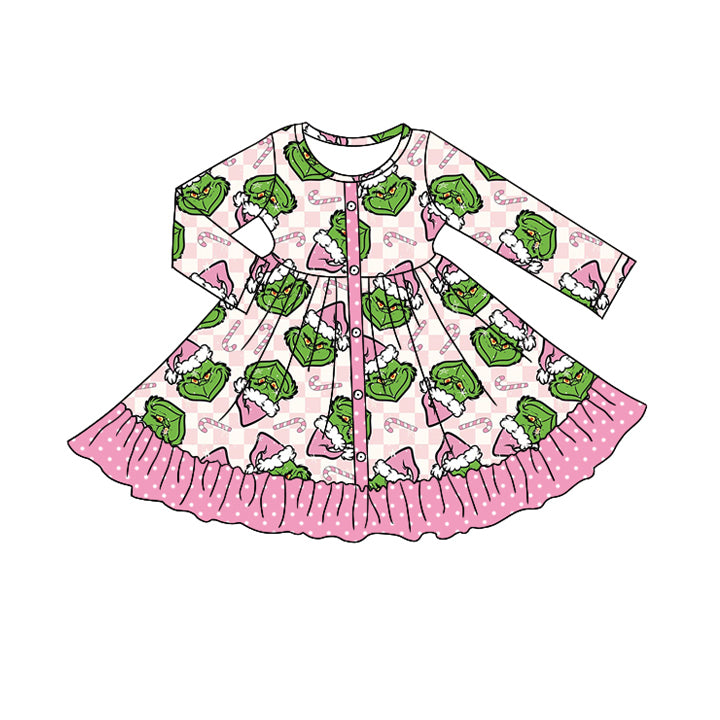 (Pre-order)GLD1273 Green Frog Candy Cane Print Girls Christmas Knee Length Dress