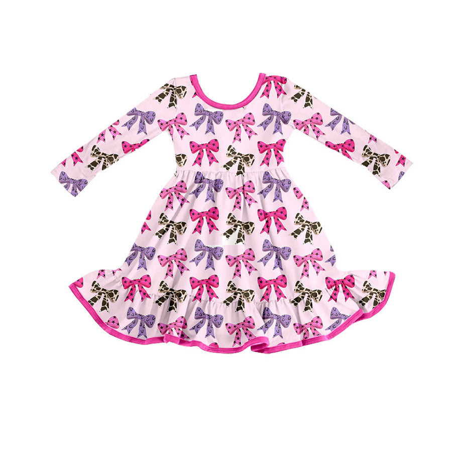 (Pre-order)GLD1275 HOWDY Hot Pink Bows Print Girls Western Knee Length Dress