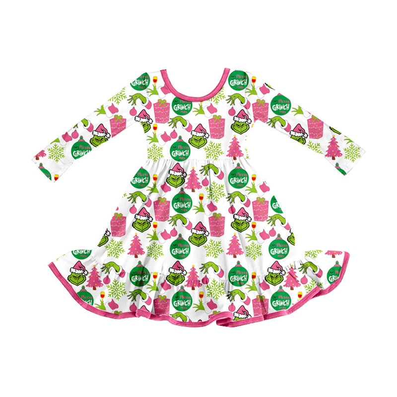 (Pre-order)GLD1277 Green Frog Lights Print Girls Christmas Knee Length Dress