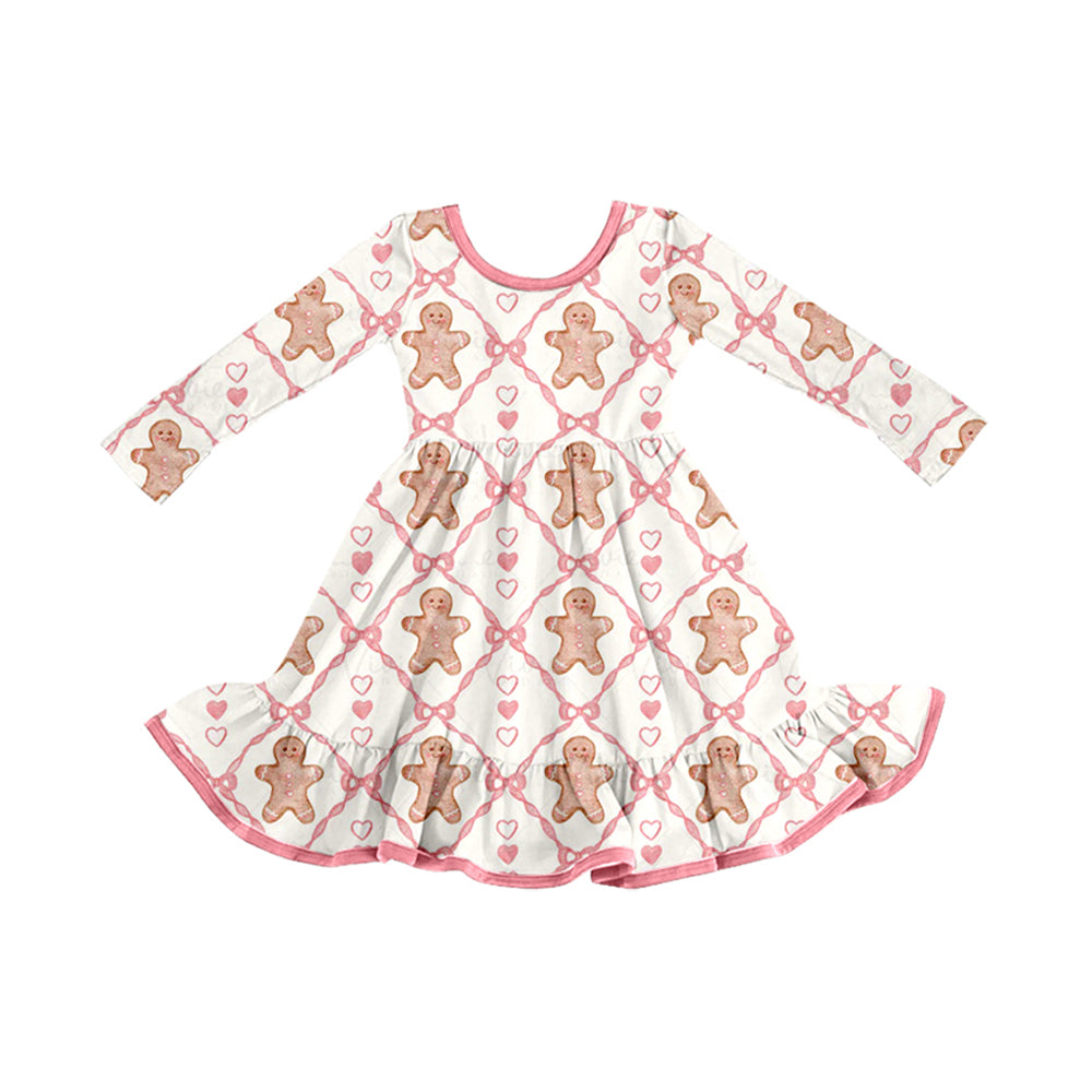 (Pre-order)GLD1278 Gingerbread Bows Print Girls Christmas Knee Length Dress