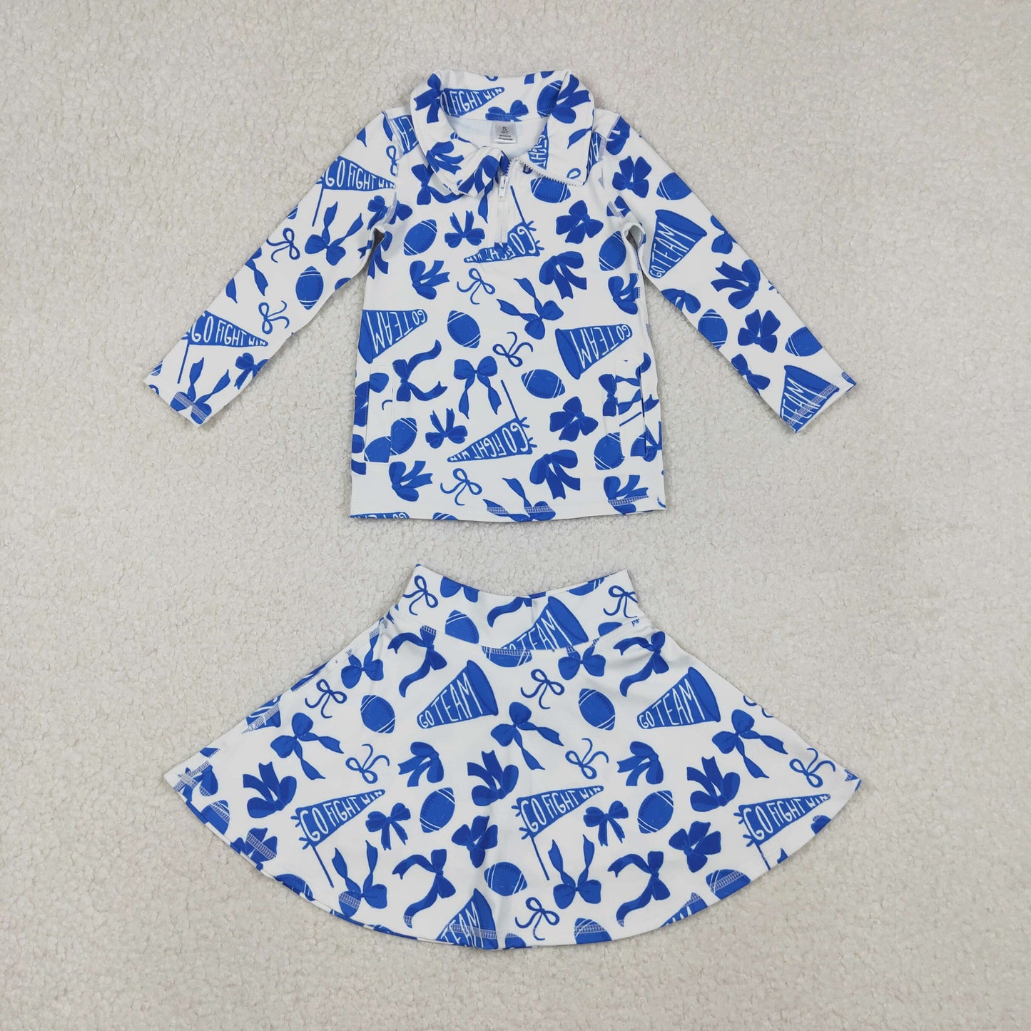 GLD1283 Go Team Cheer Bows Blue Tank Top Skirts Shorts Girls Summer Yoga Outfits