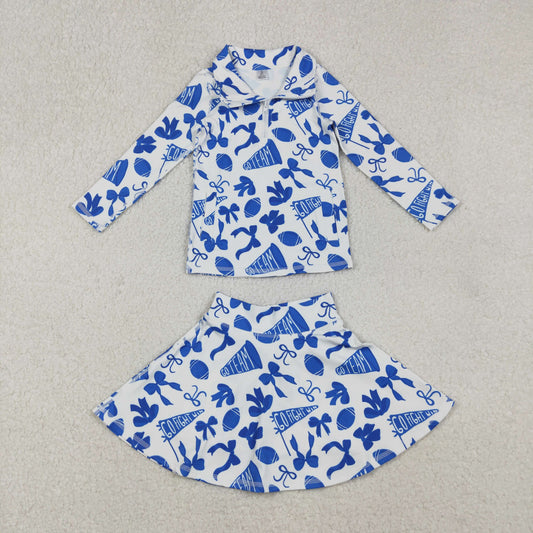 GLD1283 Go Team Cheer Bows Blue Tank Top Skirts Shorts Girls Summer Yoga Outfits